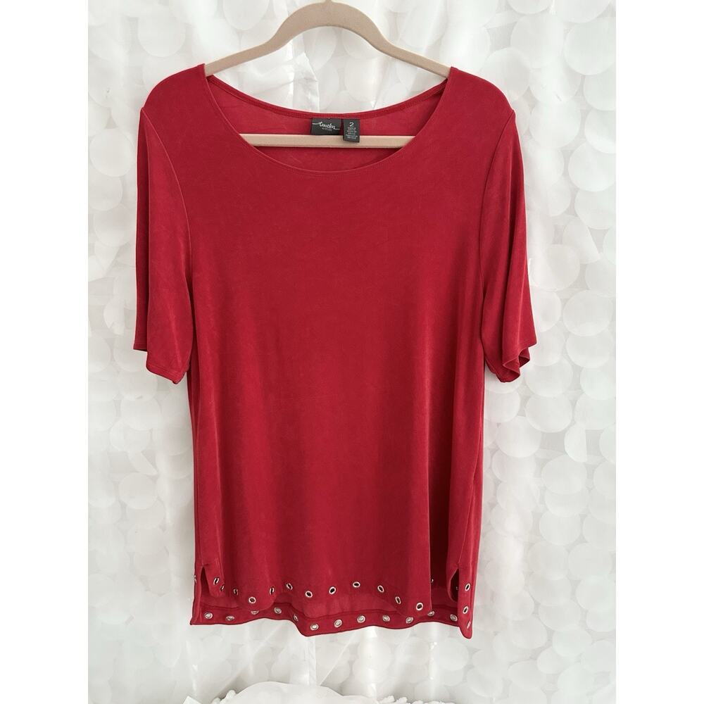 Travelers By Chico’s Size 16 Tomato Red Top Blouse Grommet Hemline Chicos 2